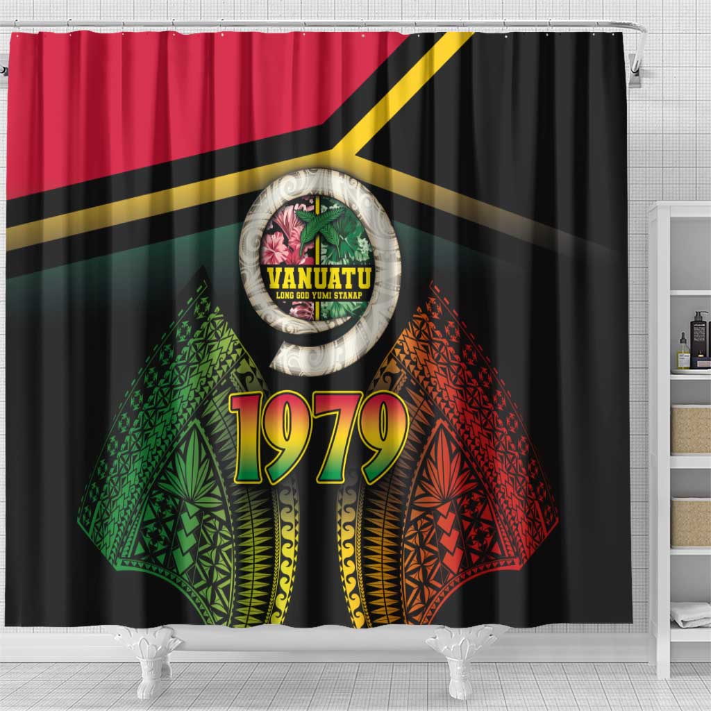 Vanuatu Constitution Day Shower Curtain Polynesian Tattoo and Pig Tusk Since 1979