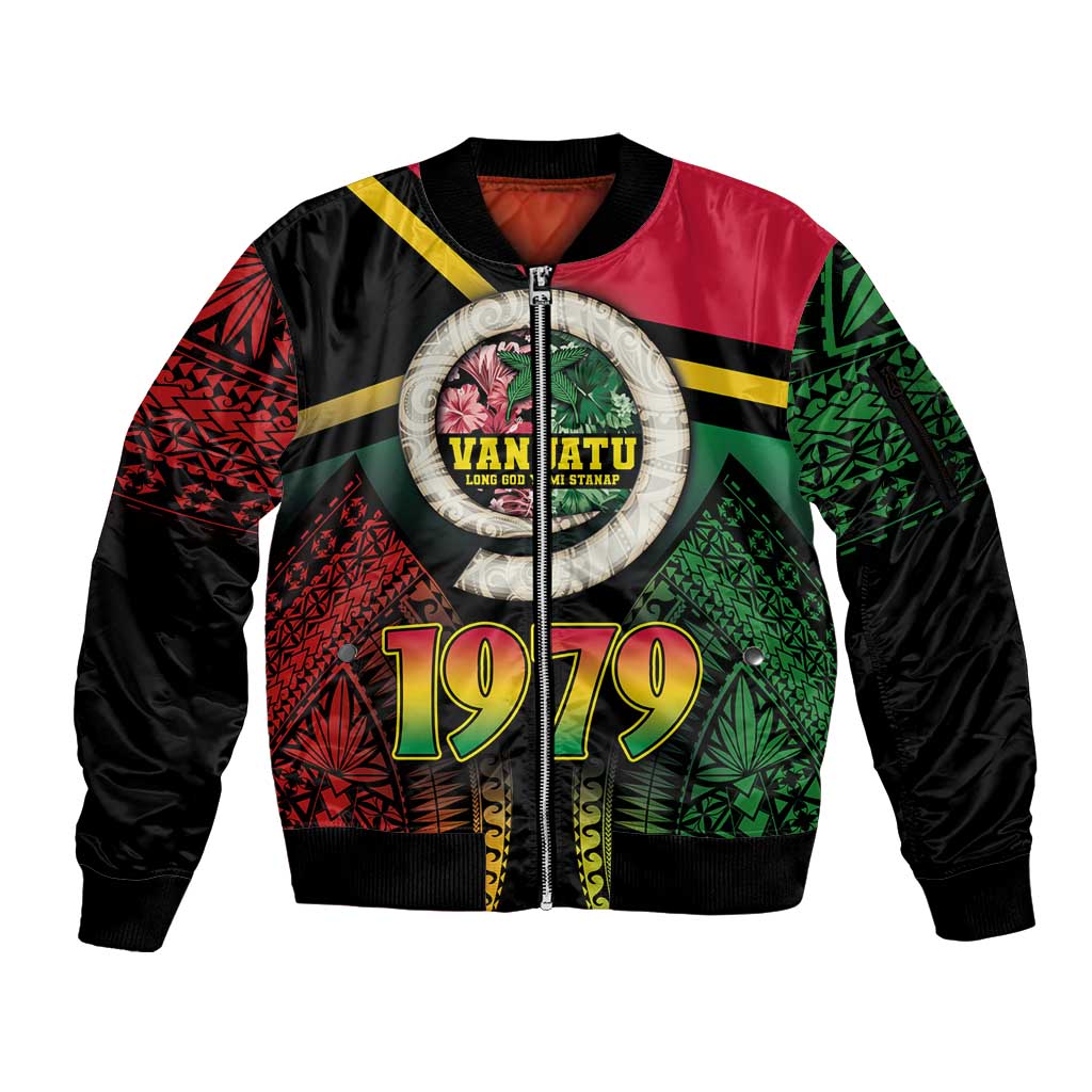 Vanuatu Constitution Day Sleeve Zip Bomber Jacket Polynesian Tattoo and Pig Tusk Since 1979 LT03 Unisex Black - Polynesian Pride