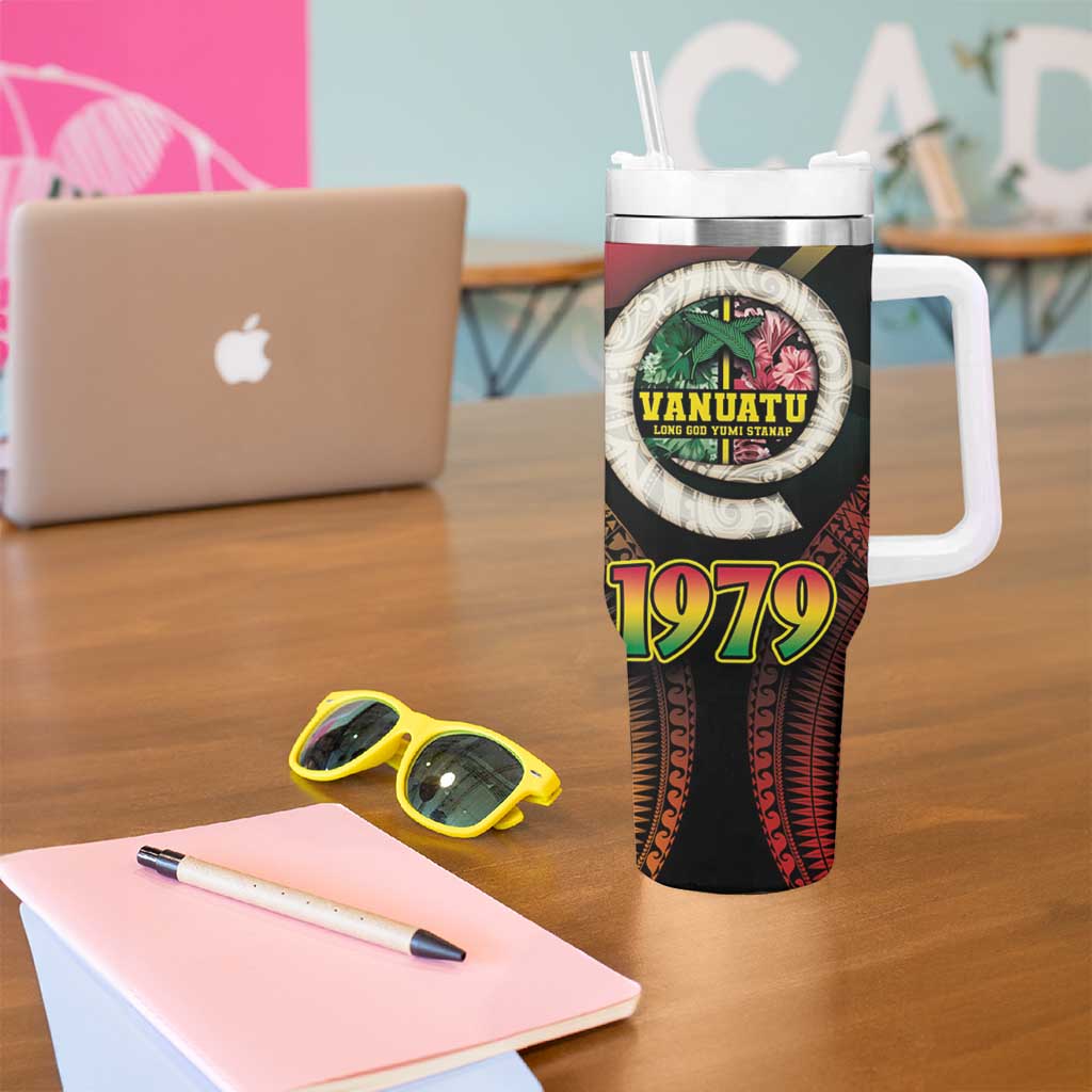 Vanuatu Constitution Day Tumbler With Handle Polynesian Tattoo and Pig Tusk Since 1979