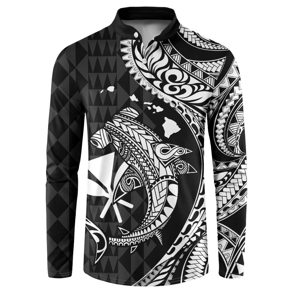 Aloha Hawaii Hammerhead Shark Button Sweatshirt Black Kakau and Polynesian Tattoo LT03