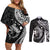 Aloha Hawaii Hammerhead Shark Couples Matching Off Shoulder Short Dress and Long Sleeve Button Shirt Black Kakau and Polynesian Tattoo LT03