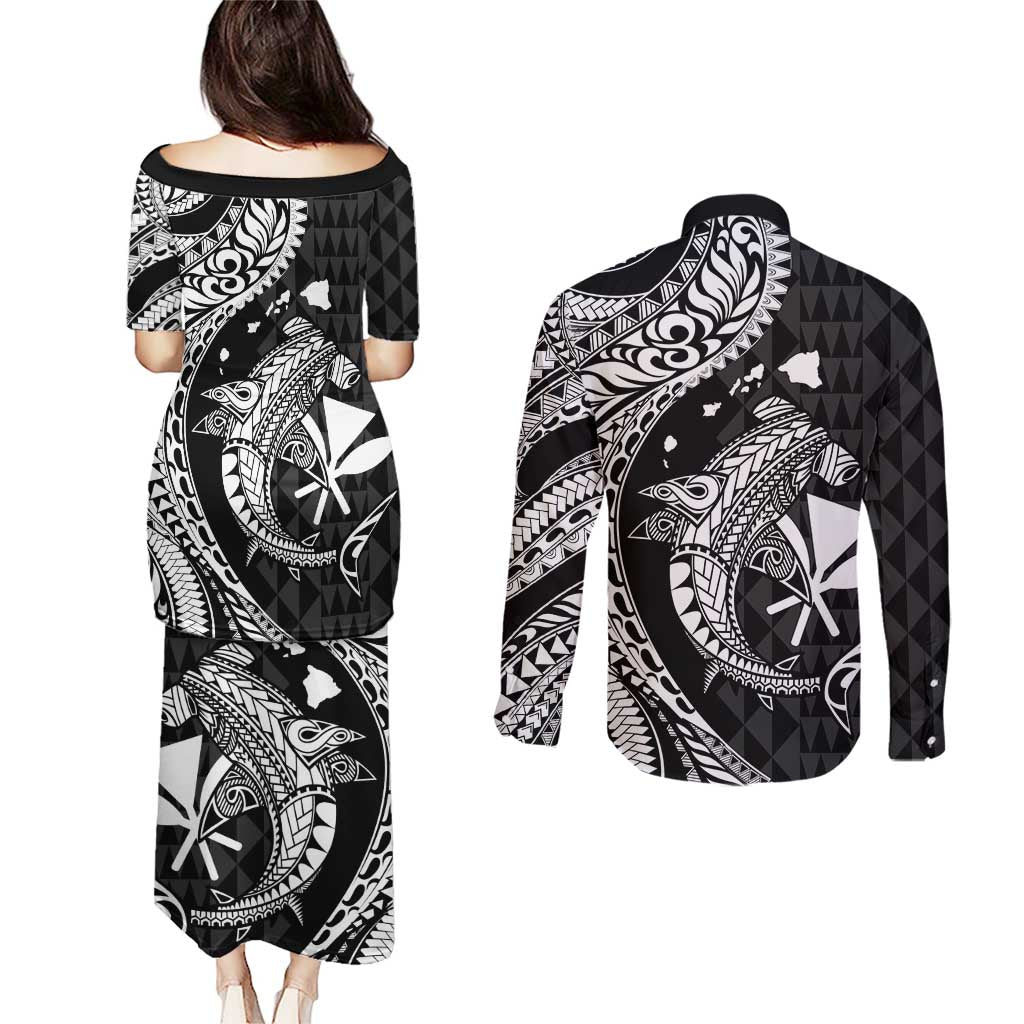 Aloha Hawaii Hammerhead Shark Couples Matching Puletasi and Long Sleeve Button Shirt Black Kakau and Polynesian Tattoo LT03