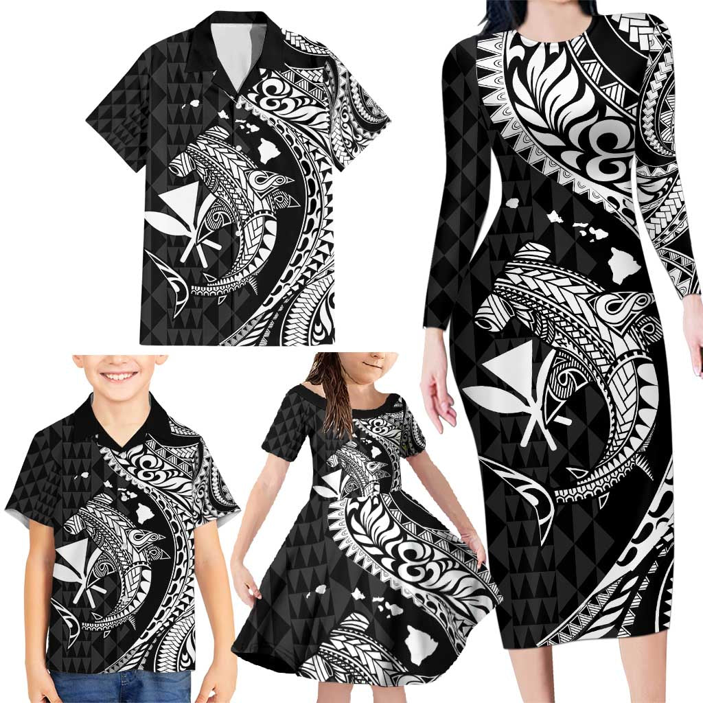 Aloha Hawaii Hammerhead Shark Family Matching Long Sleeve Bodycon Dress and Hawaiian Shirt Black Kakau and Polynesian Tattoo LT03 - Polynesian Pride