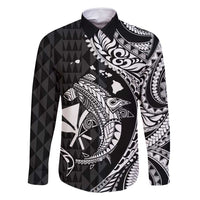 Aloha Hawaii Hammerhead Shark Family Matching Long Sleeve Bodycon Dress and Hawaiian Shirt Black Kakau and Polynesian Tattoo LT03