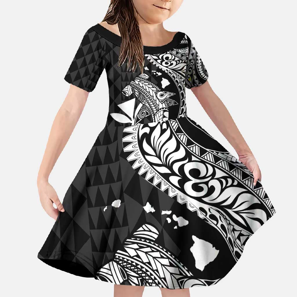 Aloha Hawaii Hammerhead Shark Family Matching Mermaid Dress and Hawaiian Shirt Black Kakau and Polynesian Tattoo LT03 Daughter's Dress Black - Polynesian Pride
