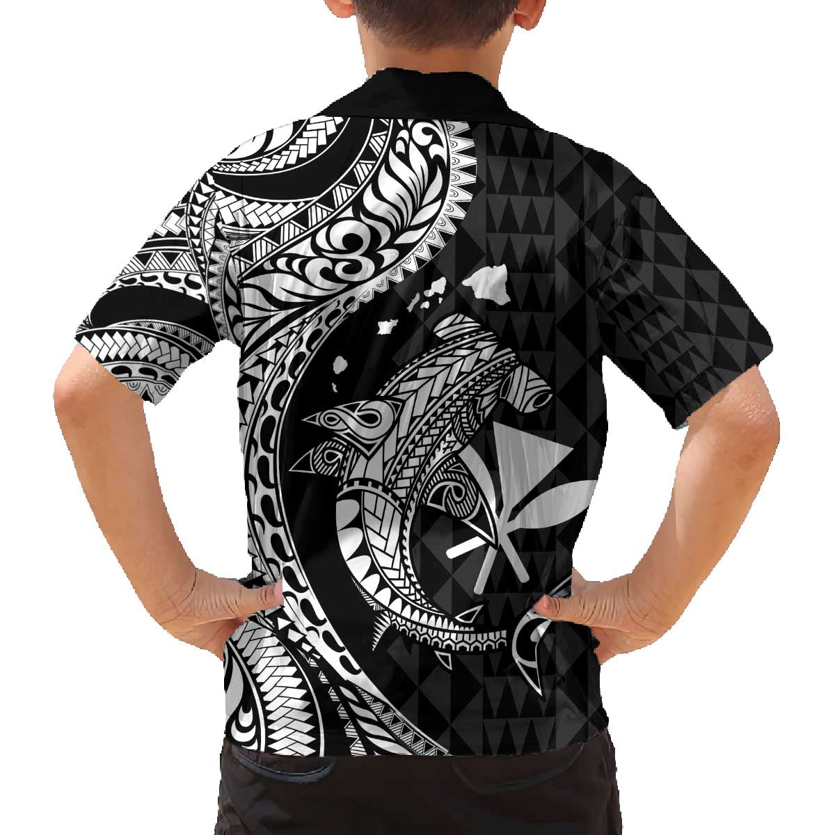 Aloha Hawaii Hammerhead Shark Family Matching Off The Shoulder Long Sleeve Dress and Hawaiian Shirt Black Kakau and Polynesian Tattoo LT03 - Polynesian Pride