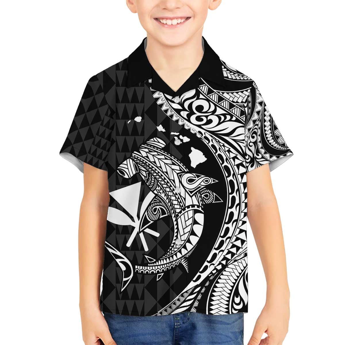 Aloha Hawaii Hammerhead Shark Family Matching Off The Shoulder Long Sleeve Dress and Hawaiian Shirt Black Kakau and Polynesian Tattoo LT03 Son's Shirt Black - Polynesian Pride