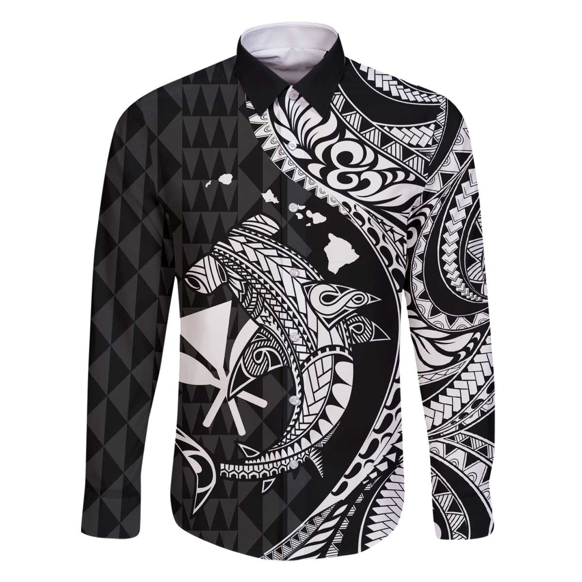 Aloha Hawaii Hammerhead Shark Family Matching Off Shoulder Short Dress and Hawaiian Shirt Black Kakau and Polynesian Tattoo LT03 Dad's Shirt - Long Sleeve Black - Polynesian Pride
