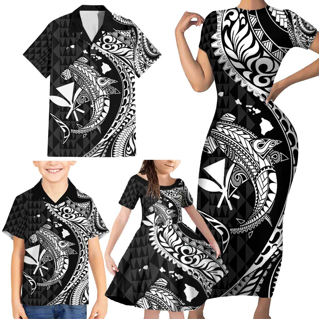 Aloha Hawaii Hammerhead Shark Family Matching Short Sleeve Bodycon Dress and Hawaiian Shirt Black Kakau and Polynesian Tattoo LT03 - Polynesian Pride
