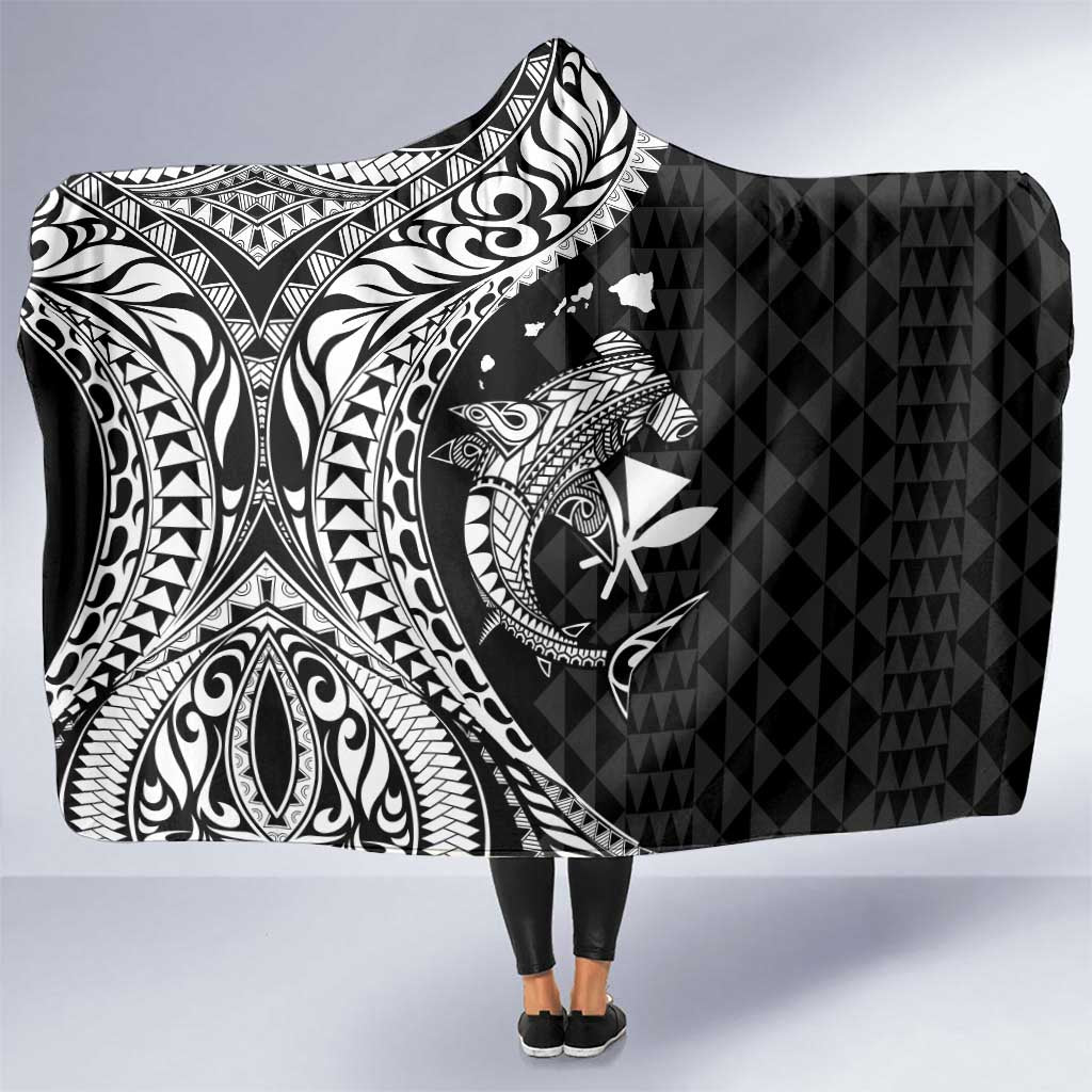 Aloha Hawaii Hammerhead Shark Hooded Blanket Black Kakau and Polynesian Tattoo LT03 One Size Black - Polynesian Pride