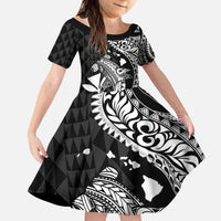 Aloha Hawaii Hammerhead Shark Kid Short Sleeve Dress Black Kakau and Polynesian Tattoo LT03