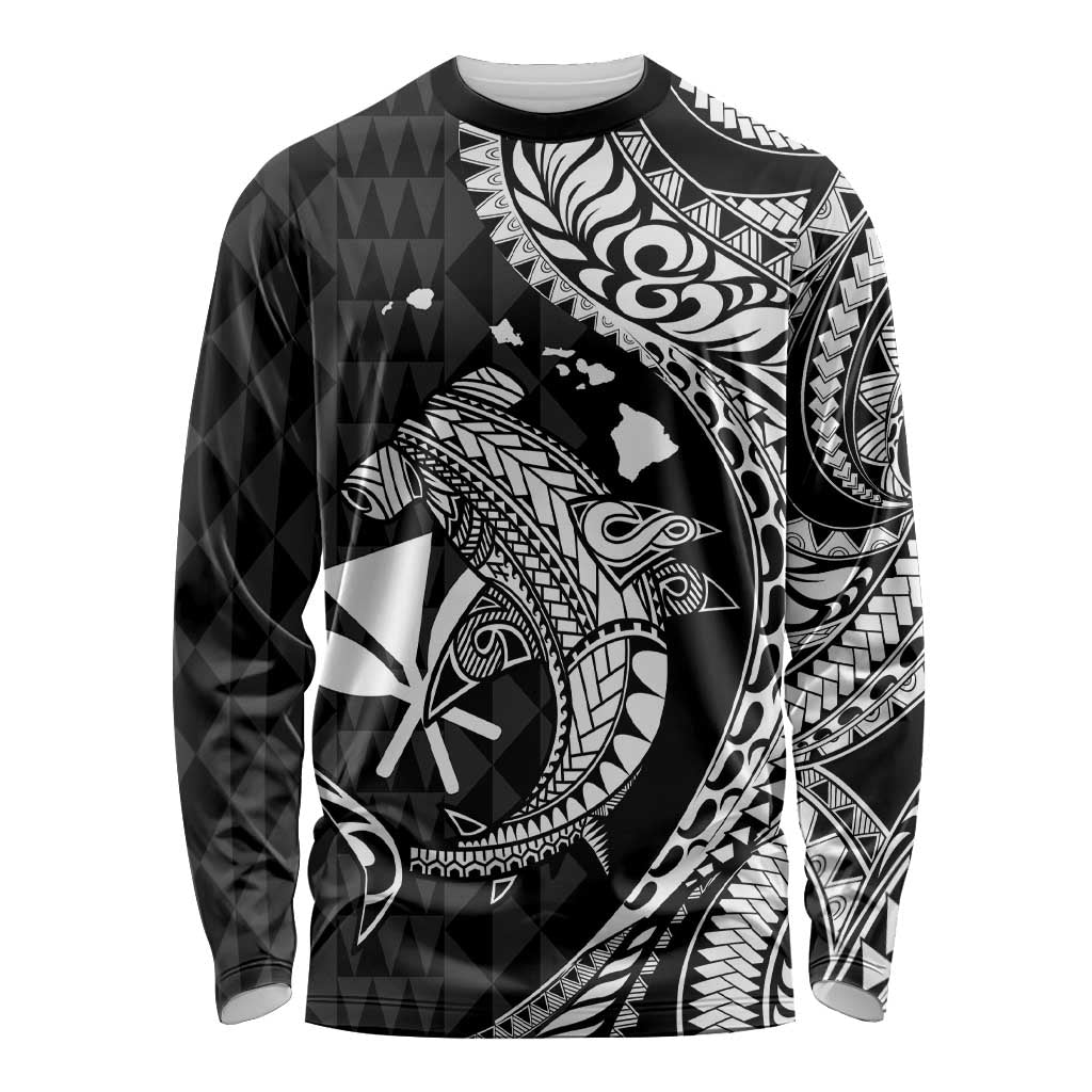 Aloha Hawaii Hammerhead Shark Long Sleeve Shirt Black Kakau and Polynesian Tattoo LT03 Unisex Black - Polynesian Pride