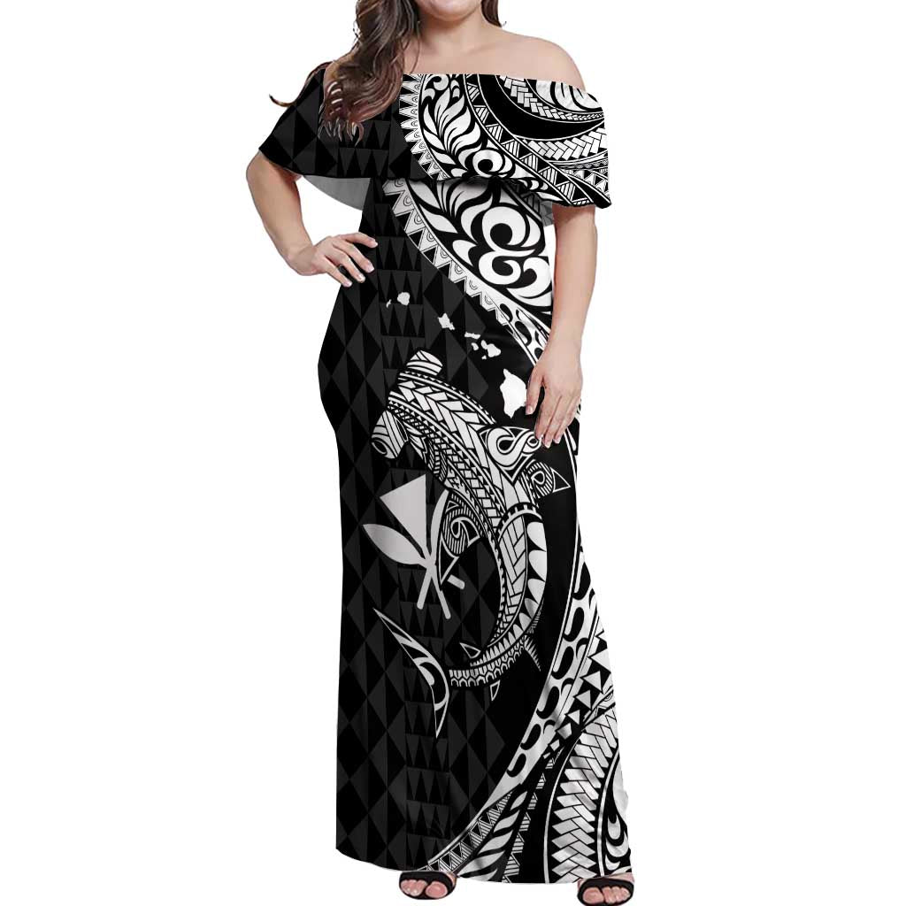 Aloha Hawaii Hammerhead Shark Off Shoulder Maxi Dress Black Kakau and Polynesian Tattoo LT03 Women Black - Polynesian Pride