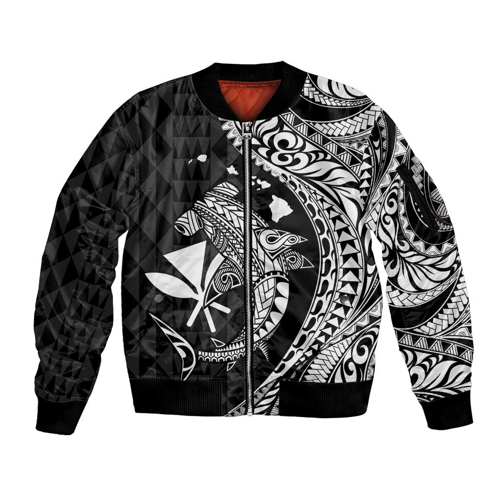 Aloha Hawaii Hammerhead Shark Sleeve Zip Bomber Jacket Black Kakau and Polynesian Tattoo LT03 Unisex Black - Polynesian Pride
