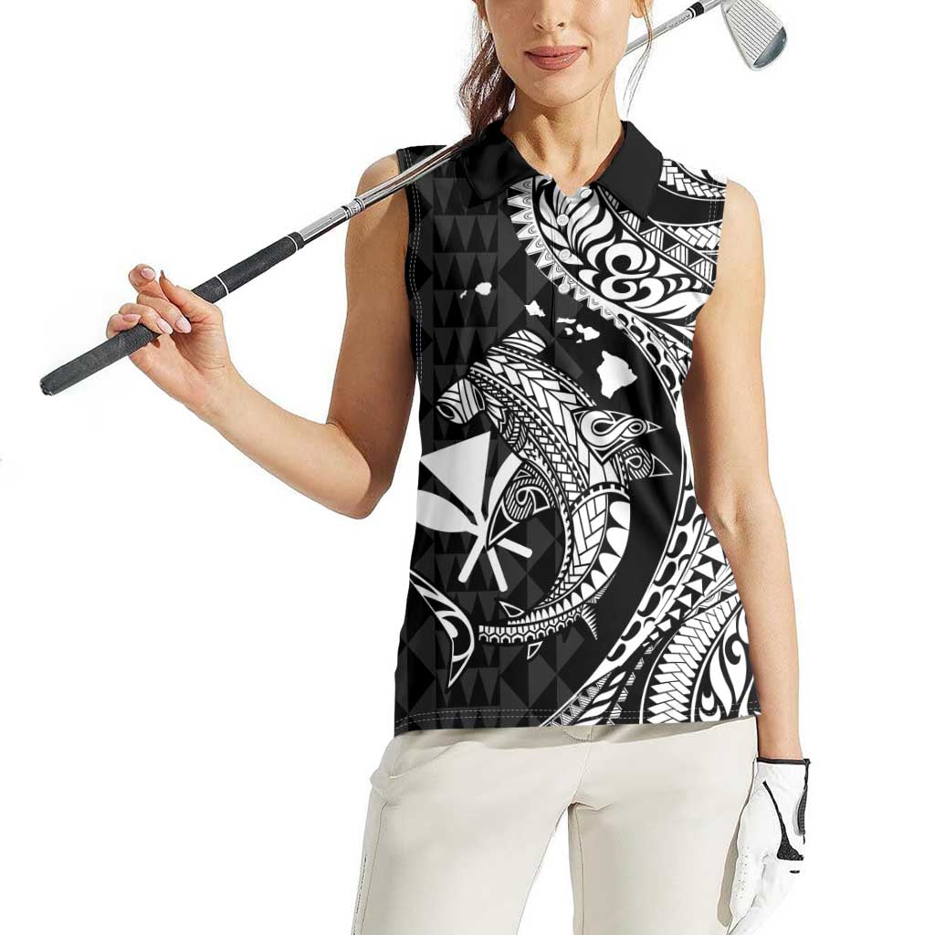 Aloha Hawaii Hammerhead Shark Women Sleeveless Polo Shirt Black Kakau and Polynesian Tattoo LT03