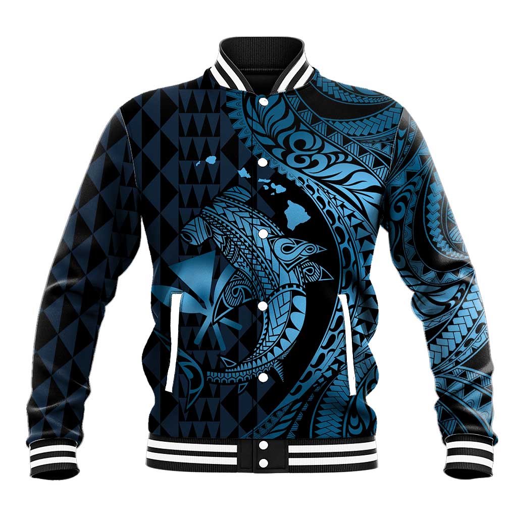 Aloha Hawaii Hammerhead Shark Baseball Jacket Blue Kakau and Polynesian Tattoo LT03