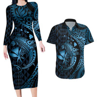 Aloha Hawaii Hammerhead Shark Couples Matching Long Sleeve Bodycon Dress and Hawaiian Shirt Blue Kakau and Polynesian Tattoo LT03