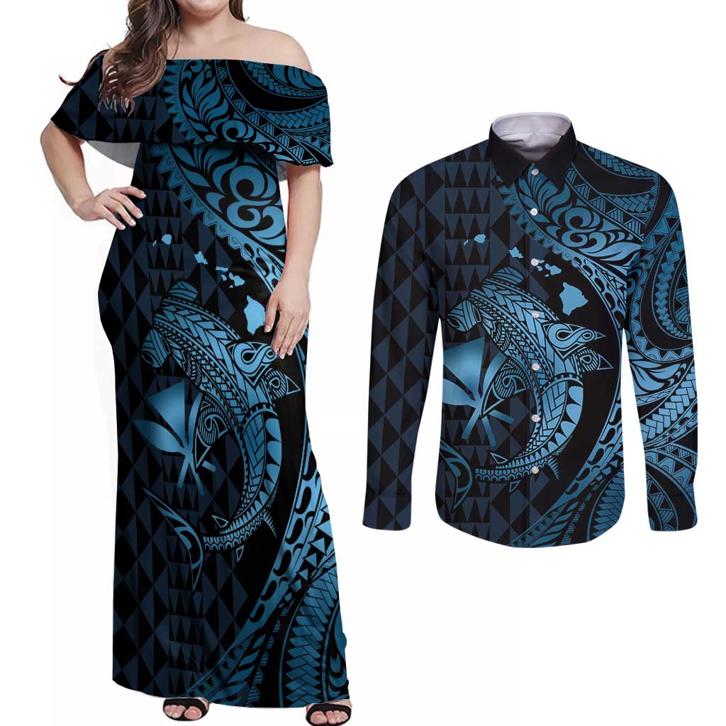 Aloha Hawaii Hammerhead Shark Couples Matching Off Shoulder Maxi Dress and Long Sleeve Button Shirt Blue Kakau and Polynesian Tattoo LT03 Blue - Polynesian Pride