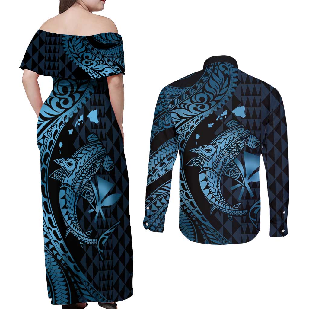 Aloha Hawaii Hammerhead Shark Couples Matching Off Shoulder Maxi Dress and Long Sleeve Button Shirt Blue Kakau and Polynesian Tattoo LT03