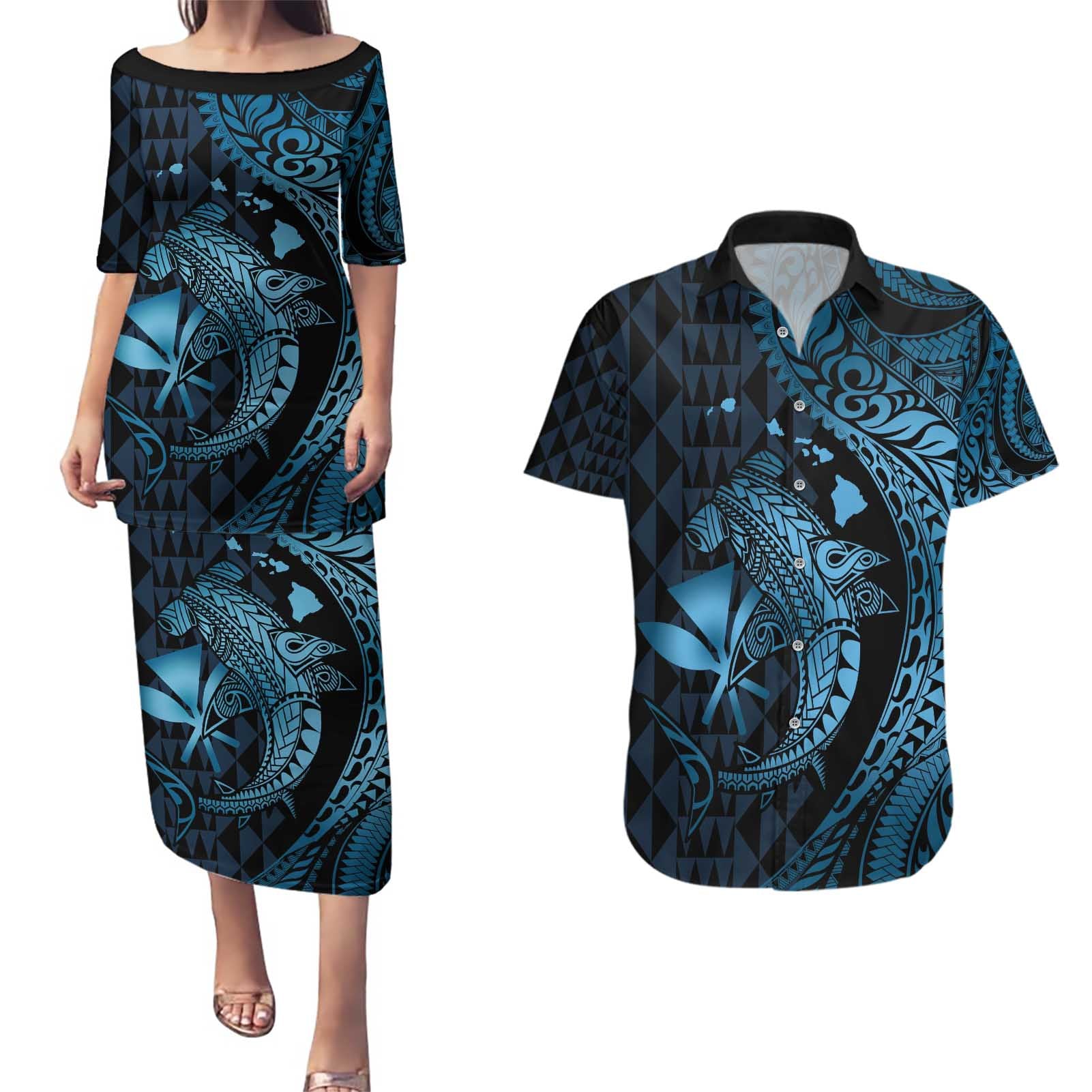 Aloha Hawaii Hammerhead Shark Couples Matching Puletasi and Hawaiian Shirt Blue Kakau and Polynesian Tattoo LT03