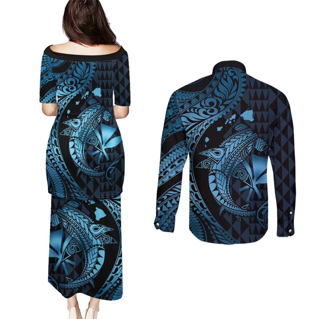 Aloha Hawaii Hammerhead Shark Couples Matching Puletasi and Long Sleeve Button Shirt Blue Kakau and Polynesian Tattoo LT03
