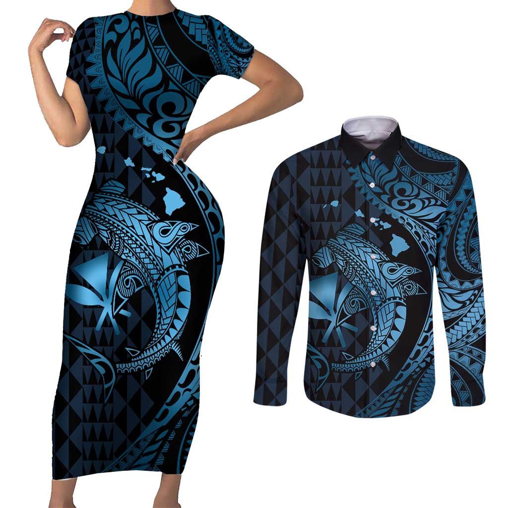 Aloha Hawaii Hammerhead Shark Couples Matching Short Sleeve Bodycon Dress and Long Sleeve Button Shirt Blue Kakau and Polynesian Tattoo LT03 Blue - Polynesian Pride