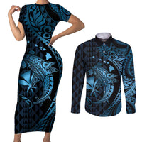 Aloha Hawaii Hammerhead Shark Couples Matching Short Sleeve Bodycon Dress and Long Sleeve Button Shirt Blue Kakau and Polynesian Tattoo LT03