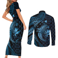 Aloha Hawaii Hammerhead Shark Couples Matching Short Sleeve Bodycon Dress and Long Sleeve Button Shirt Blue Kakau and Polynesian Tattoo LT03