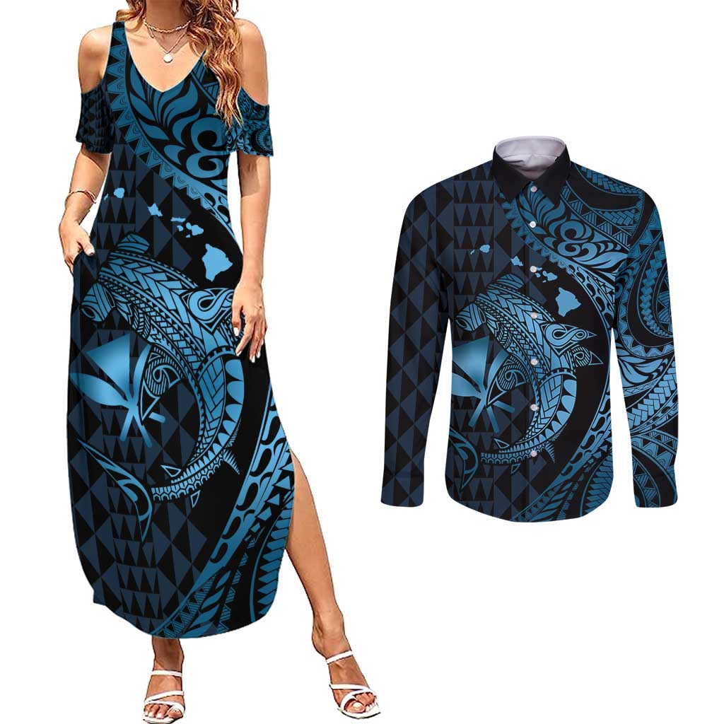 Aloha Hawaii Hammerhead Shark Couples Matching Summer Maxi Dress and Long Sleeve Button Shirt Blue Kakau and Polynesian Tattoo LT03
