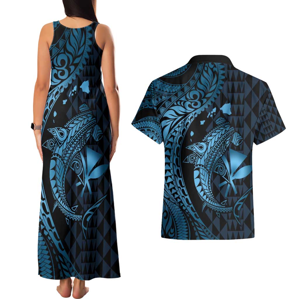 Aloha Hawaii Hammerhead Shark Couples Matching Tank Maxi Dress and Hawaiian Shirt Blue Kakau and Polynesian Tattoo LT03