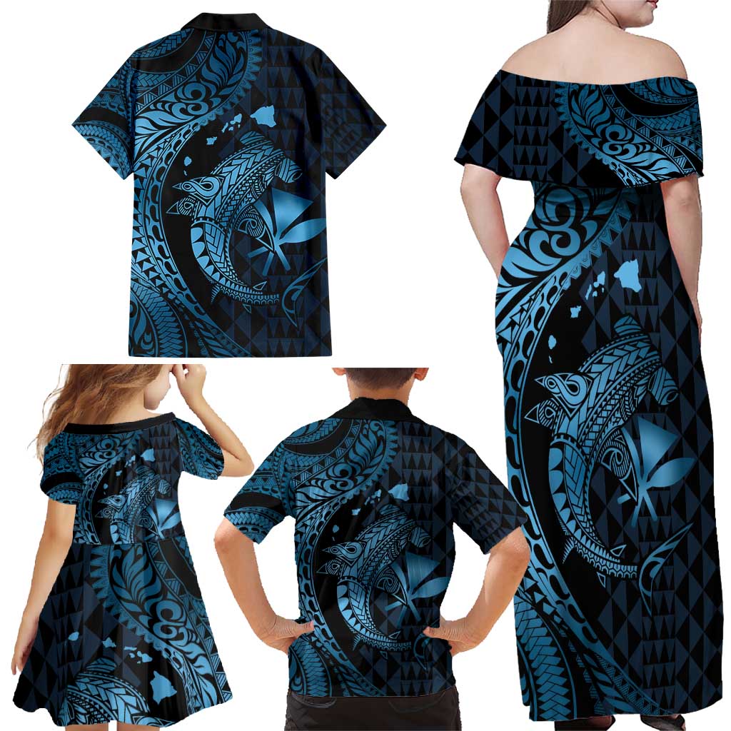 Aloha Hawaii Hammerhead Shark Family Matching Off Shoulder Maxi Dress and Hawaiian Shirt Blue Kakau and Polynesian Tattoo LT03