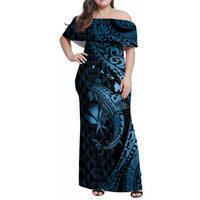 Aloha Hawaii Hammerhead Shark Family Matching Off Shoulder Maxi Dress and Hawaiian Shirt Blue Kakau and Polynesian Tattoo LT03