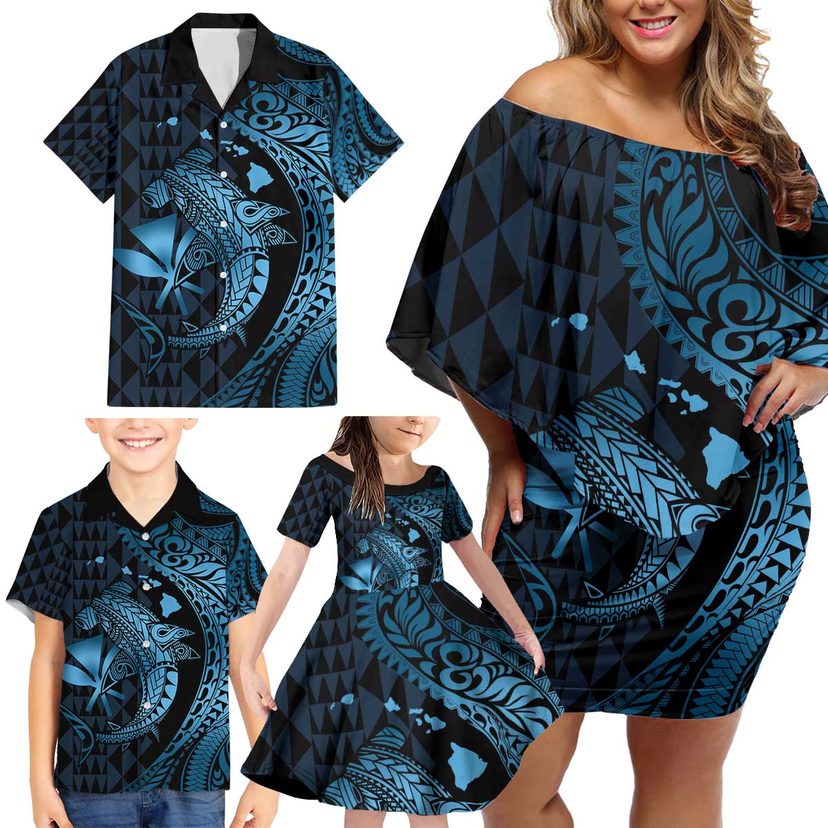 Aloha Hawaii Hammerhead Shark Family Matching Off Shoulder Short Dress and Hawaiian Shirt Blue Kakau and Polynesian Tattoo LT03 - Polynesian Pride