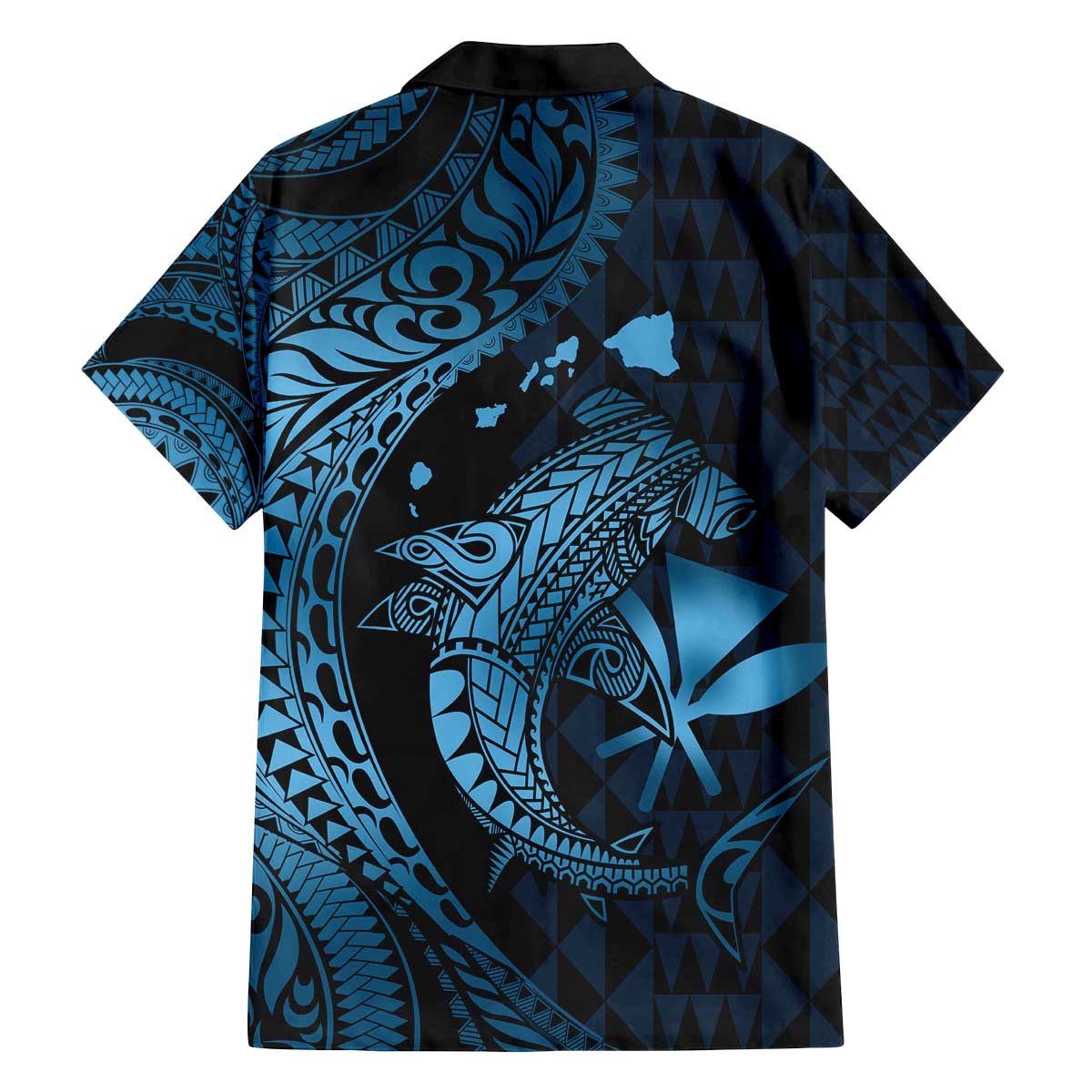 Aloha Hawaii Hammerhead Shark Family Matching Off Shoulder Short Dress and Hawaiian Shirt Blue Kakau and Polynesian Tattoo LT03 - Polynesian Pride