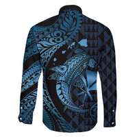 Aloha Hawaii Hammerhead Shark Family Matching Off Shoulder Short Dress and Hawaiian Shirt Blue Kakau and Polynesian Tattoo LT03 - Polynesian Pride