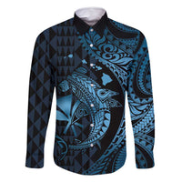 Aloha Hawaii Hammerhead Shark Family Matching Summer Maxi Dress and Hawaiian Shirt Blue Kakau and Polynesian Tattoo LT03 Dad's Shirt - Long Sleeve Blue - Polynesian Pride