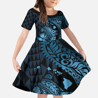 Aloha Hawaii Hammerhead Shark Family Matching Tank Maxi Dress and Hawaiian Shirt Blue Kakau and Polynesian Tattoo LT03 Daughter's Dress Blue - Polynesian Pride