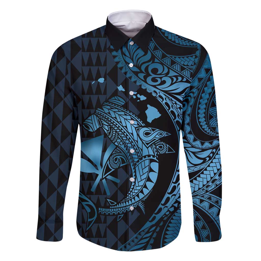 Aloha Hawaii Hammerhead Shark Family Matching Tank Maxi Dress and Hawaiian Shirt Blue Kakau and Polynesian Tattoo LT03 Dad's Shirt - Long Sleeve Blue - Polynesian Pride