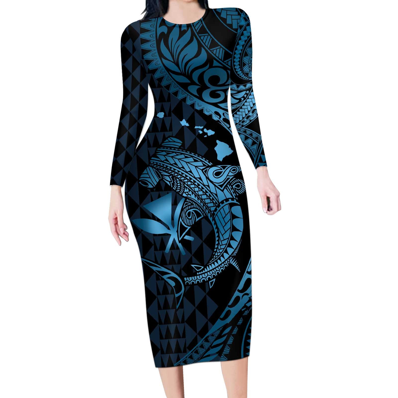 Aloha Hawaii Hammerhead Shark Long Sleeve Bodycon Dress Blue Kakau and Polynesian Tattoo LT03 Long Dress Blue - Polynesian Pride
