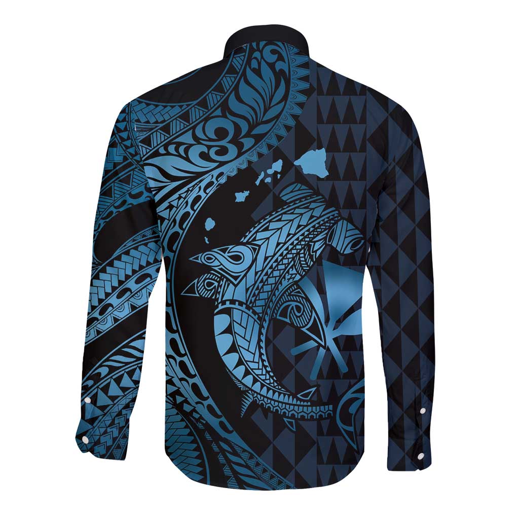 Aloha Hawaii Hammerhead Shark Long Sleeve Button Shirt Blue Kakau and Polynesian Tattoo LT03 - Polynesian Pride