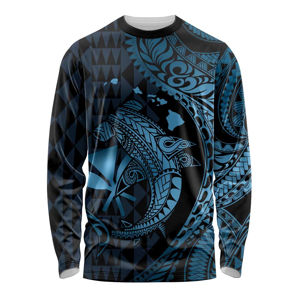 Aloha Hawaii Hammerhead Shark Long Sleeve Shirt Blue Kakau and Polynesian Tattoo LT03 Unisex Blue - Polynesian Pride