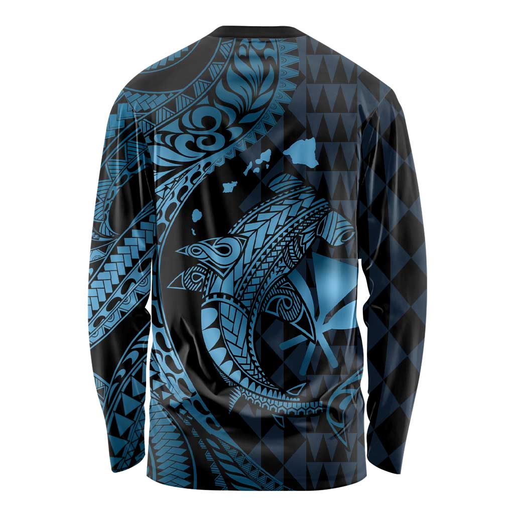 Aloha Hawaii Hammerhead Shark Long Sleeve Shirt Blue Kakau and Polynesian Tattoo LT03 - Polynesian Pride