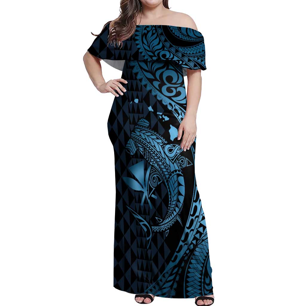 Aloha Hawaii Hammerhead Shark Off Shoulder Maxi Dress Blue Kakau and Polynesian Tattoo LT03 Women Blue - Polynesian Pride