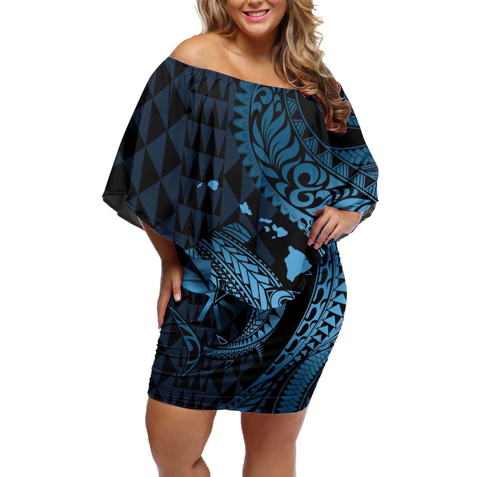 Aloha Hawaii Hammerhead Shark Off Shoulder Short Dress Blue Kakau and Polynesian Tattoo LT03 Women Blue - Polynesian Pride