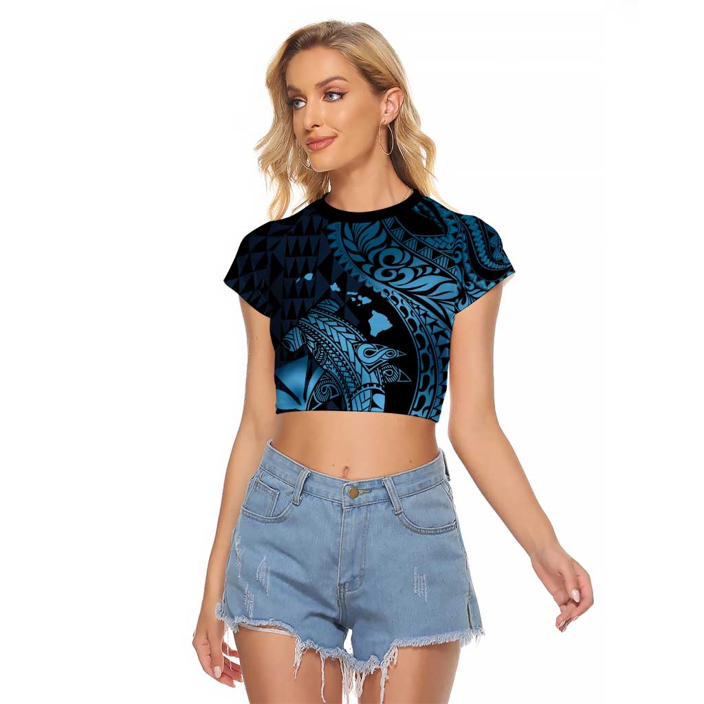 Aloha Hawaii Hammerhead Shark Raglan Cropped T Shirt Blue Kakau and Polynesian Tattoo LT03 Female Blue - Polynesian Pride
