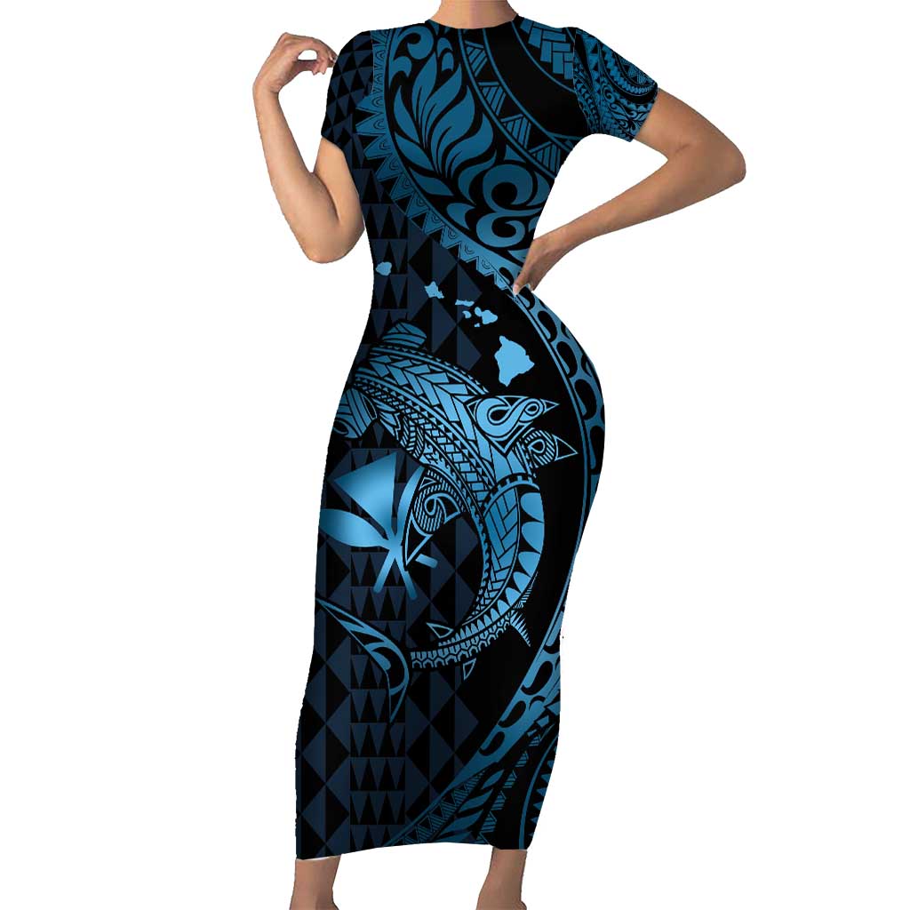 Aloha Hawaii Hammerhead Shark Short Sleeve Bodycon Dress Blue Kakau and Polynesian Tattoo LT03 Long Dress Blue - Polynesian Pride