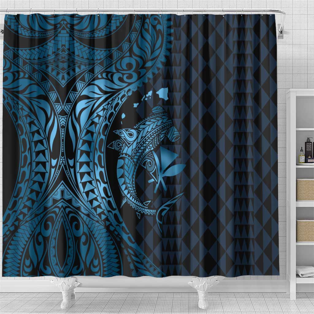 Aloha Hawaii Hammerhead Shark Shower Curtain Blue Kakau and Polynesian Tattoo LT03