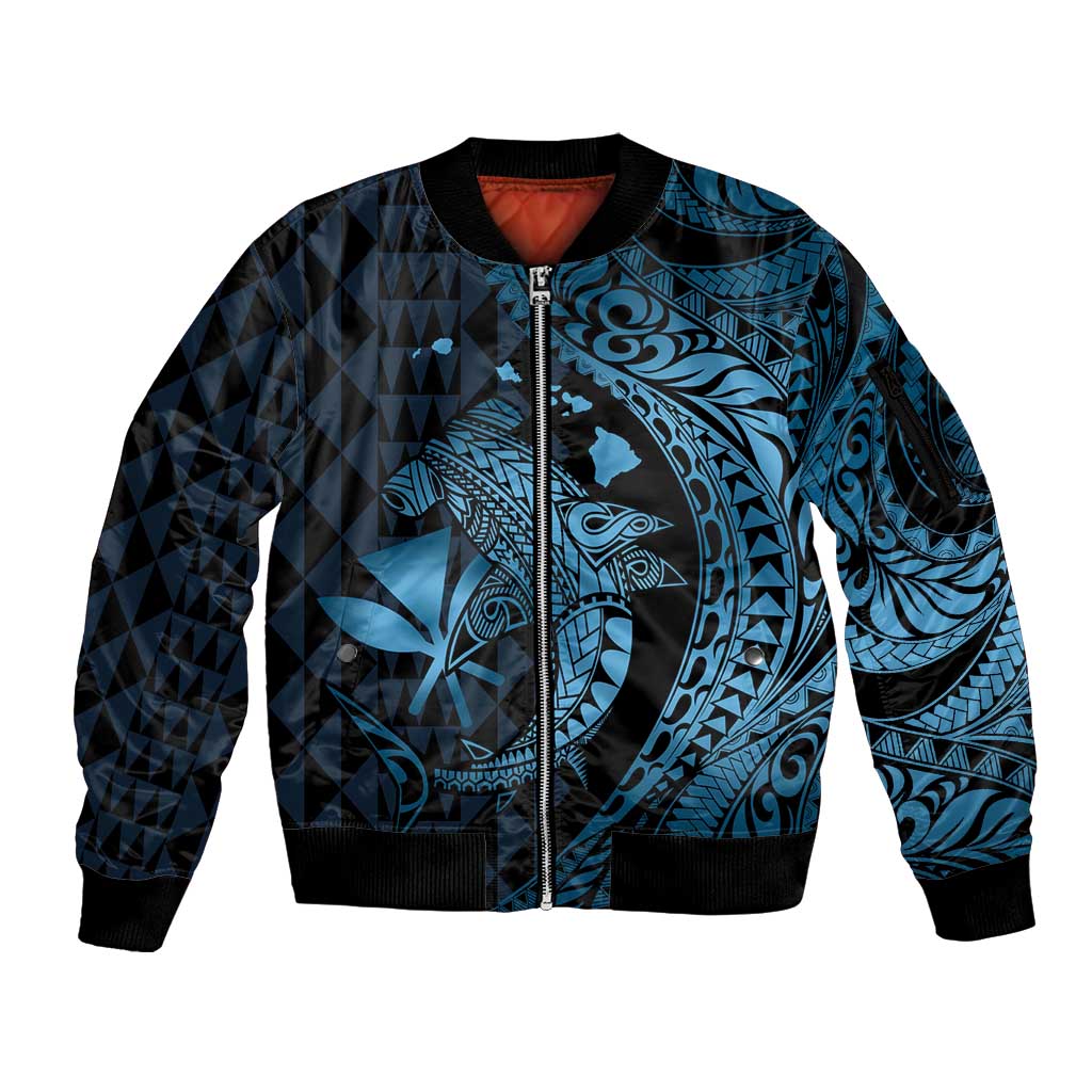 Aloha Hawaii Hammerhead Shark Sleeve Zip Bomber Jacket Blue Kakau and Polynesian Tattoo LT03 Unisex Blue - Polynesian Pride
