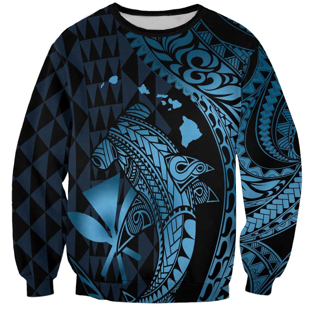 Aloha Hawaii Hammerhead Shark Sweatshirt Blue Kakau and Polynesian Tattoo LT03