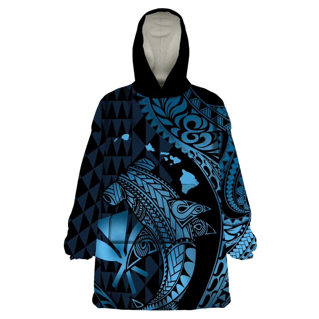 Aloha Hawaii Hammerhead Shark Wearable Blanket Hoodie Blue Kakau and Polynesian Tattoo LT03 One Size Blue - Polynesian Pride